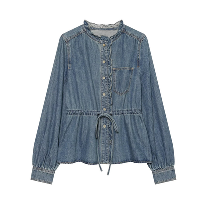 Women's ruffled waistband decorative denim shirt