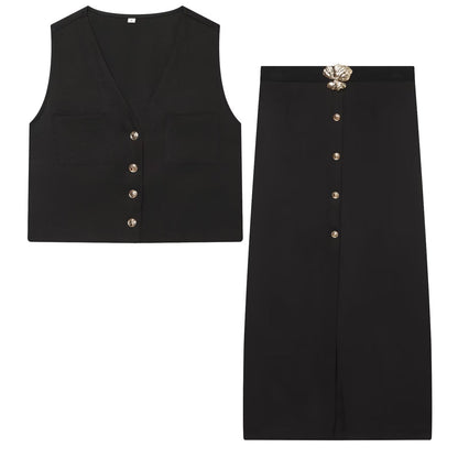 suit Women's 2 pieces sleeveless V-neck top+Skirts