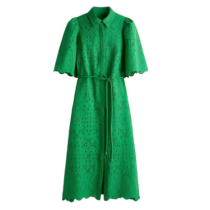 Women's hollowed out embroidered shirt style dress