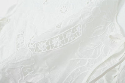 Women's bow decoration hollow embroidery top