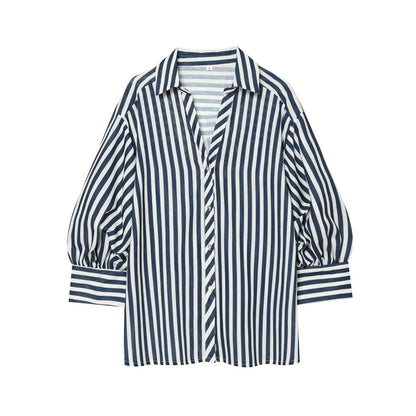 Women's bubble sleeve linen striped shirt