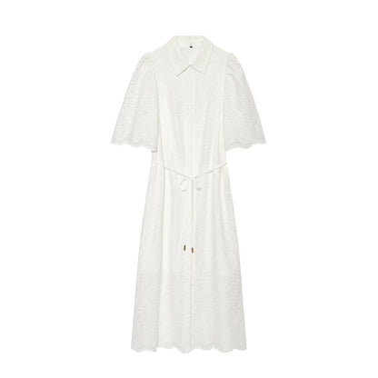 Women's hollowed out embroidered shirt style dress