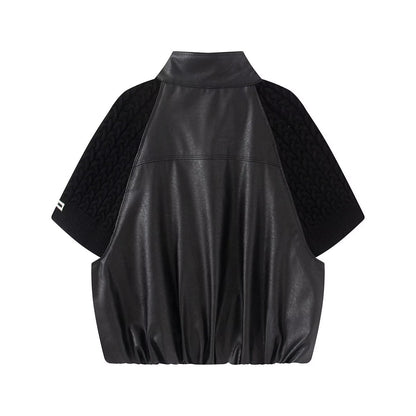Women's casual knitted patchwork Faux Leather Coat