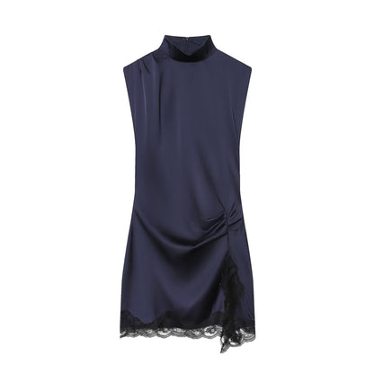 Women's lace patchwork satin texture mini dress