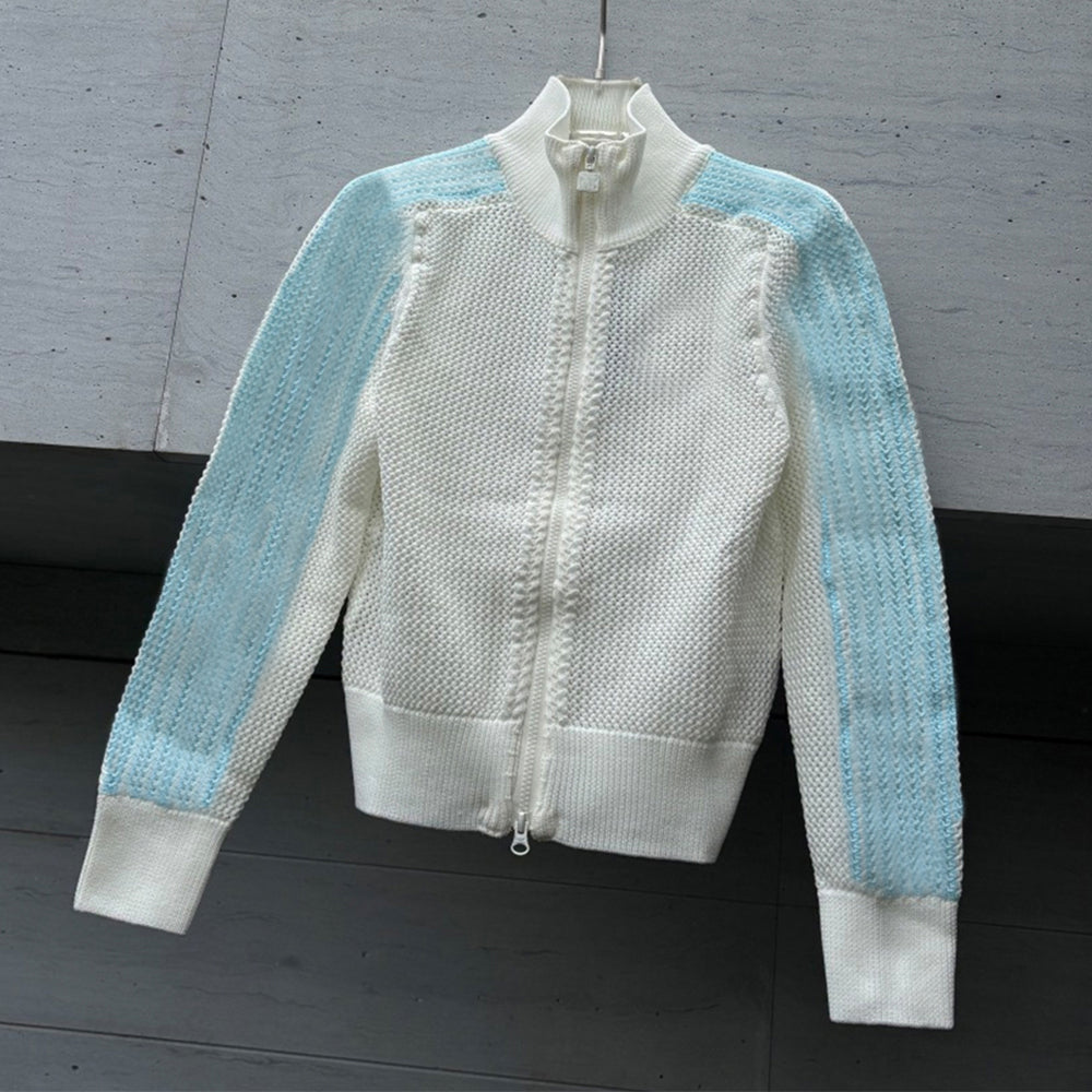 Women's new zipper knitted round neck long sleeve coat