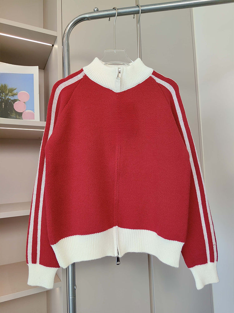 Women's new contrast striped double zipper knit cardigan coat