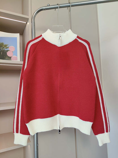 Women's new contrast striped double zipper knit cardigan coat