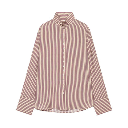 Women's loose stand collar striped shirt