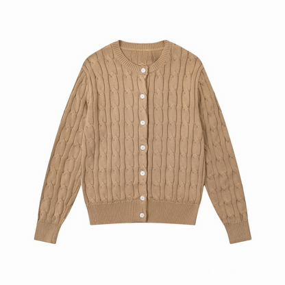 Women's new round neck solid color long sleeve knit cardigan