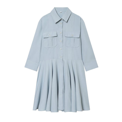 Women's long sleeved pleated shirt style dress