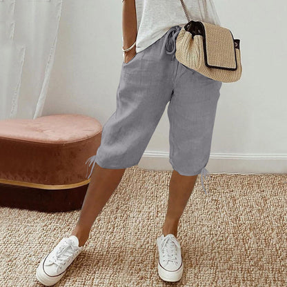 2026 women's new cotton and linen pocket elastic drawstring pants