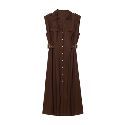 Women's shirt style linen blended MIDI dress