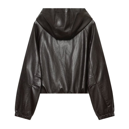 Women's drawstring decorative hooded faux leather Coat