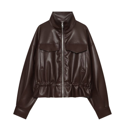 Women's leather effect adjustable waist jacket Coat