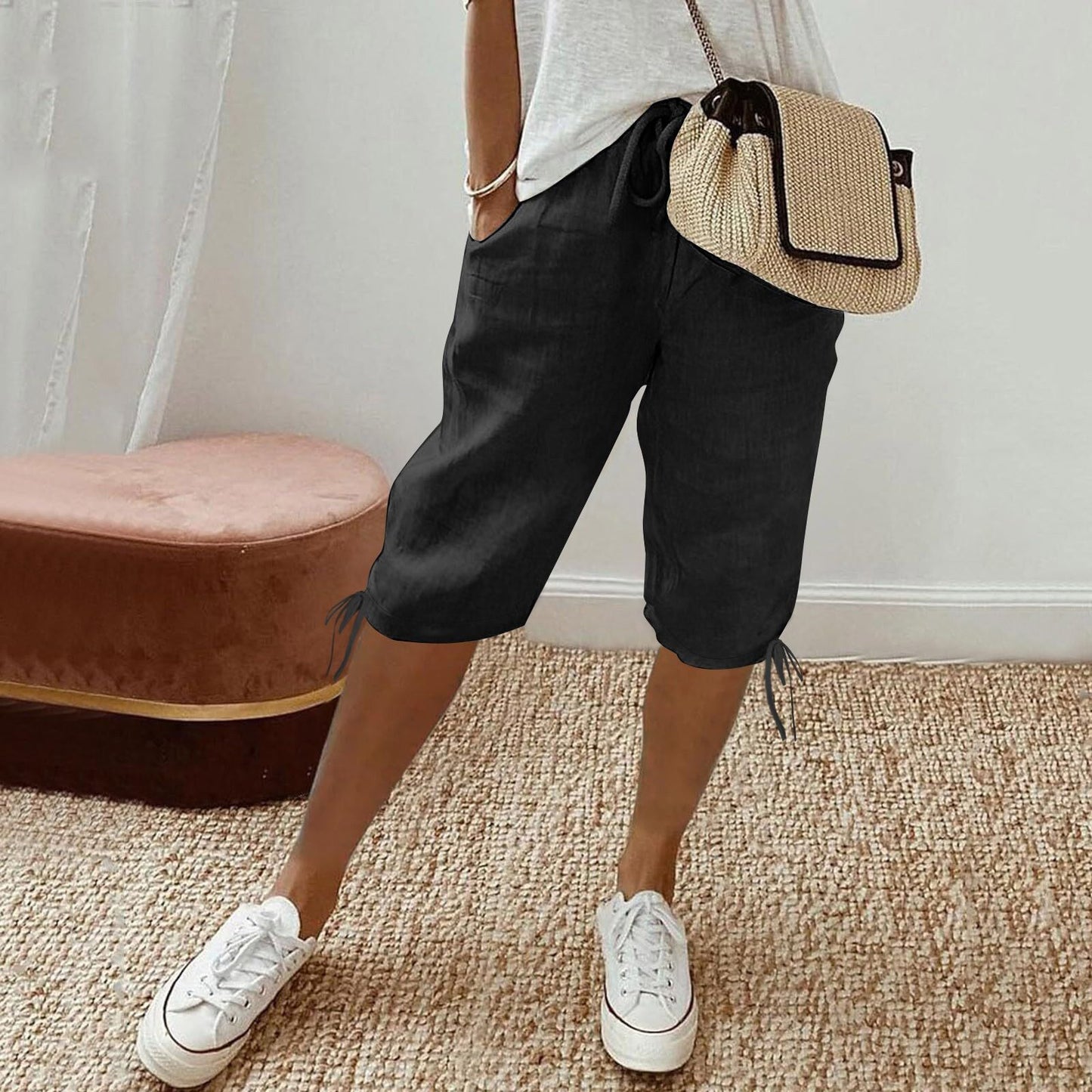 2026 women's new cotton and linen pocket elastic drawstring pants
