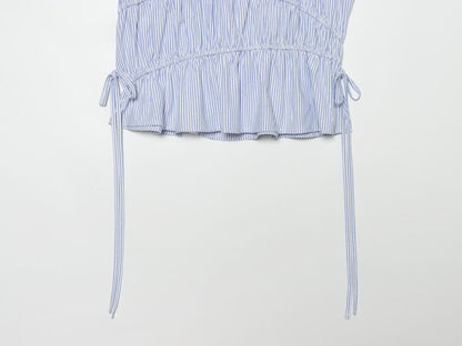 Women's lace up decorative elastic striped top