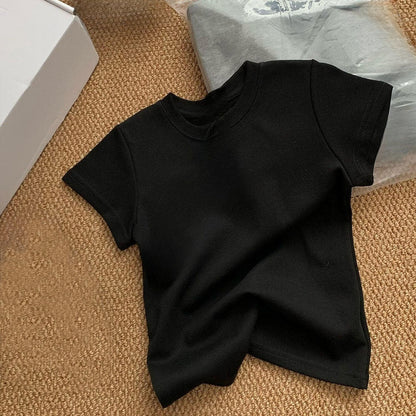 2026 women's new slim shoulder round neck short sleeve T-shirt
