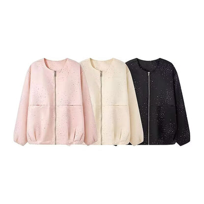 Women's bright diamond fabric O Neck jacket Coat