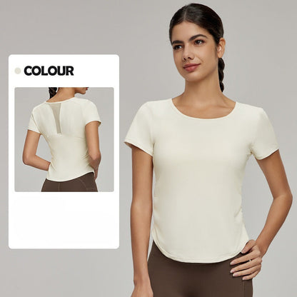 Women's New Fashion Joker Short-sleeved T-shirt Mesh Stitching Breathable Sports Tops Cool Sunscreen Fitness Tops