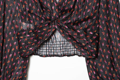 Women's knot decoration V-neck printed top