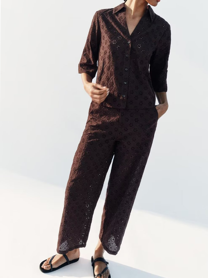 suit Women's 2 pieces hollowed out embroidered shirt+Pants+Skirts