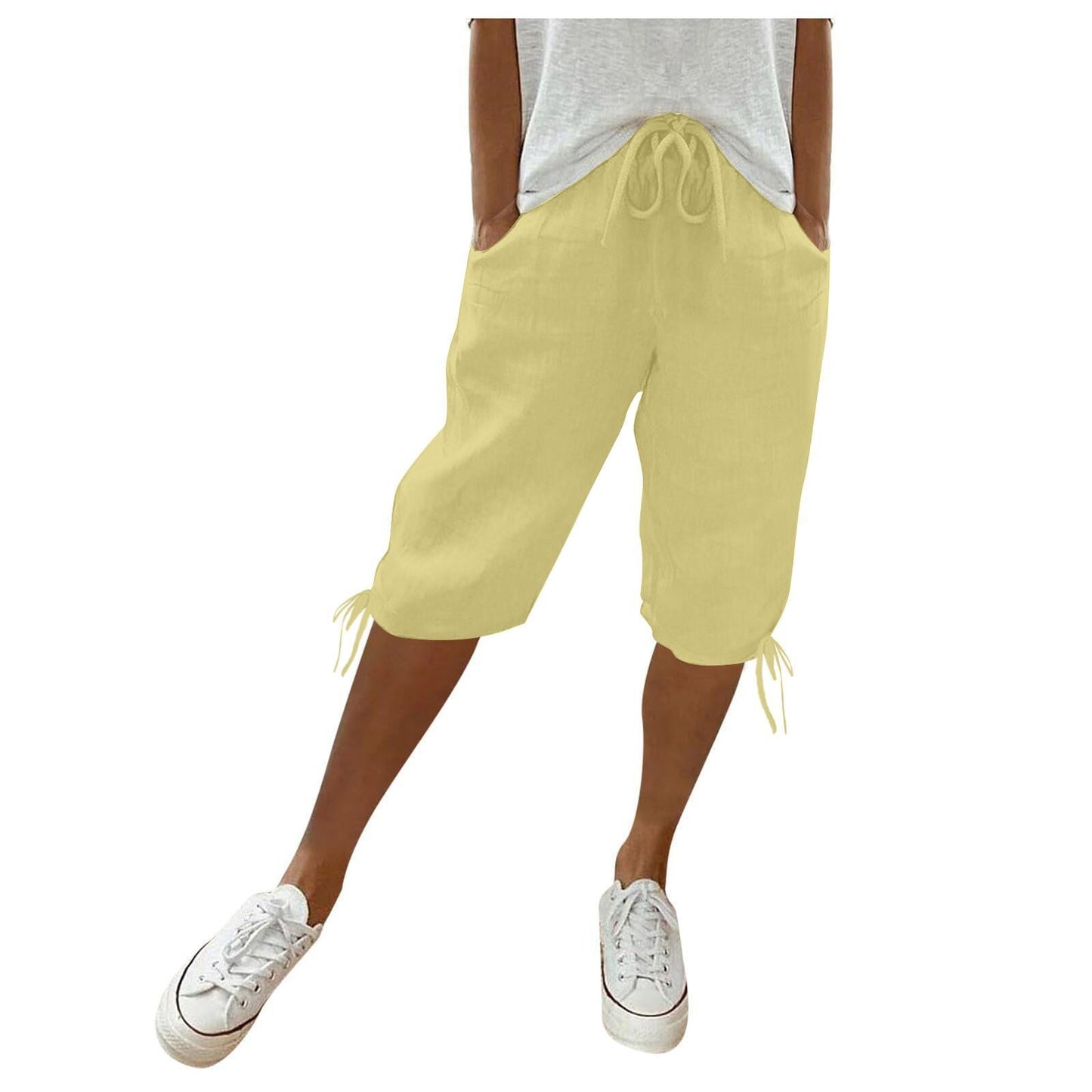 2026 women's new cotton and linen pocket elastic drawstring pants