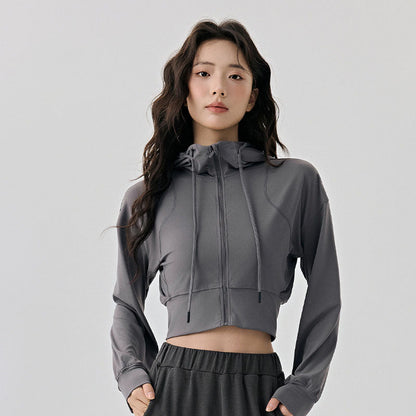 Women's short yoga coat with adjustable hat rope