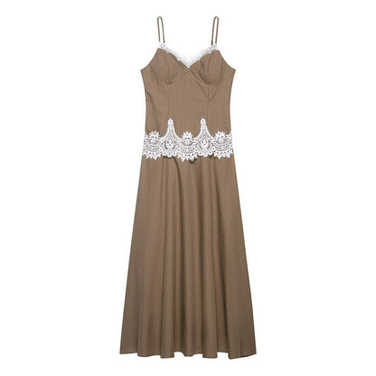 Women's lace patchwork suspender MIDI dress