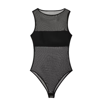 Women's sexy patchwork tulle bodysuit