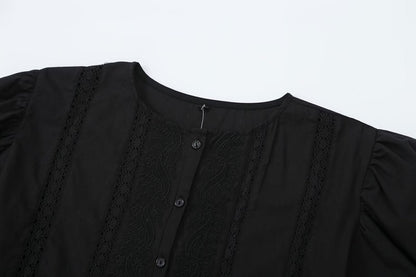 Women's hollowed out embroidered balloon sleeve shirt