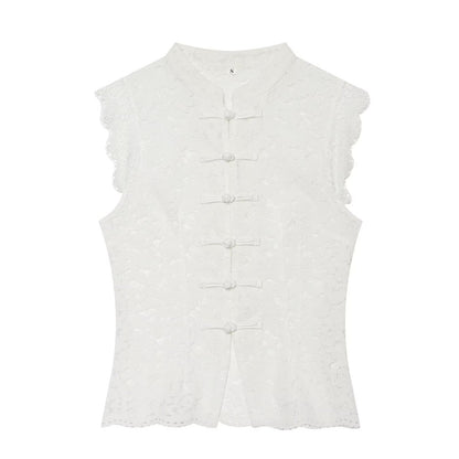 Women's lace hollow out buckle sleeveless vest