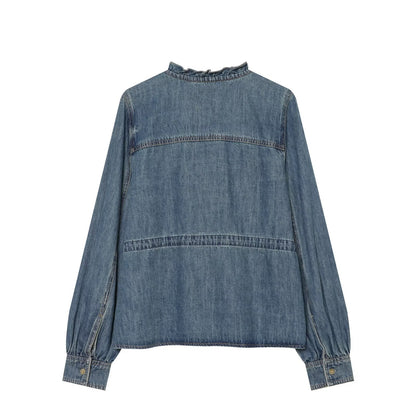 Women's ruffled waistband decorative denim shirt