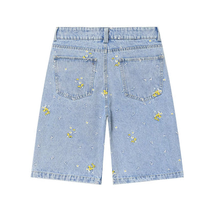 suit Women's 2 pieces flower embroidered denim jacket Coat+Shorts