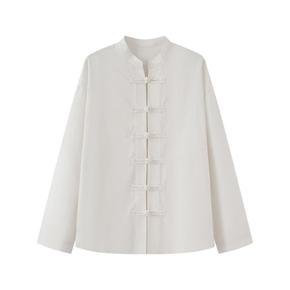 Women's rope knot buckle loose linen blended shirt