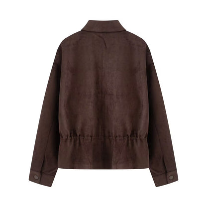 Women's suede textured waist cinched retro jacket