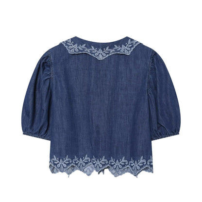 Women's embroidered short denim shirt