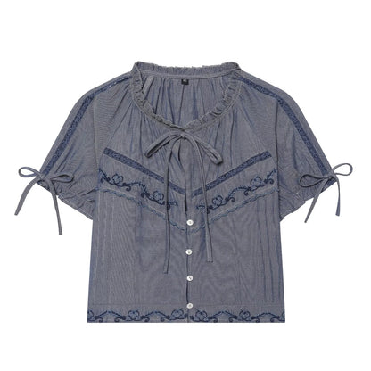 Women's bow decoration embroidered shirt