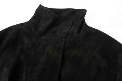 Women's suede textured black pilot jacket Coat