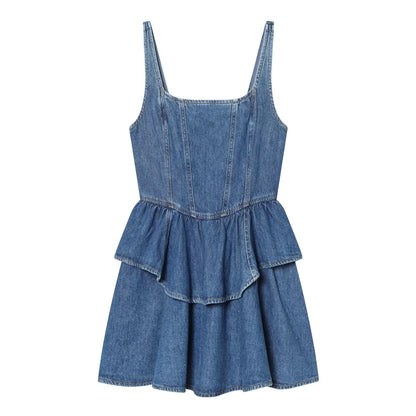 Women's layered decorative sleeveless denim mini dress
