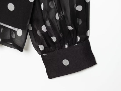 Women's ribbon collar polka dot shirt