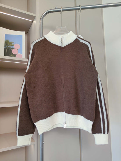 Women's new contrast striped double zipper knit cardigan coat