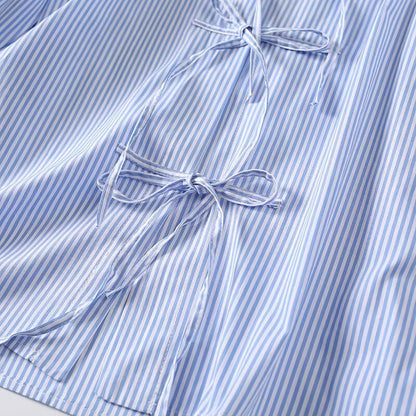 Women's loose cotton striped lace up shirt