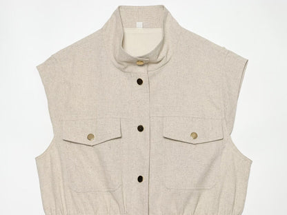 Women's pocket decoration linen blend vest