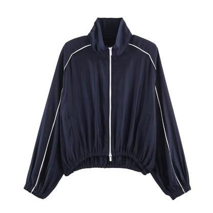 Women's stand collar contrasting striped loose Coat