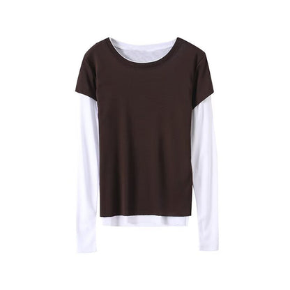 Women's new fashion splicing fake two-piece style long sleeved T-shirt