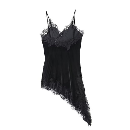Women's asymmetrical velvet lace suspender dress