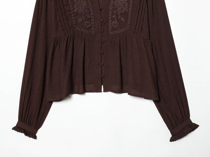 Women's V-neck pleated embroidered shirt