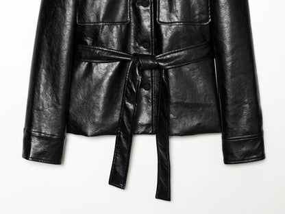 Women's with Belt Black Leather Effect Jacket