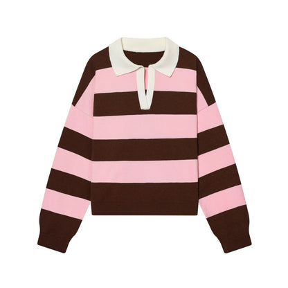 Women's casual striped knitted polo shirt