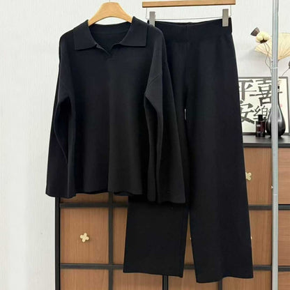 Women's new casual loose lapel sweater trousers knitted suit